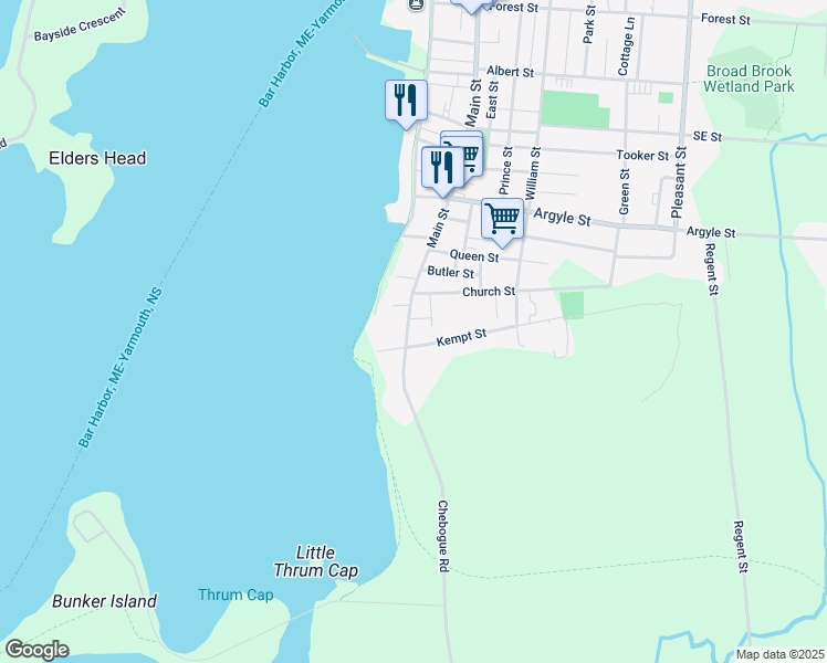 map of restaurants, bars, coffee shops, grocery stores, and more near 37 Main Street in Yarmouth