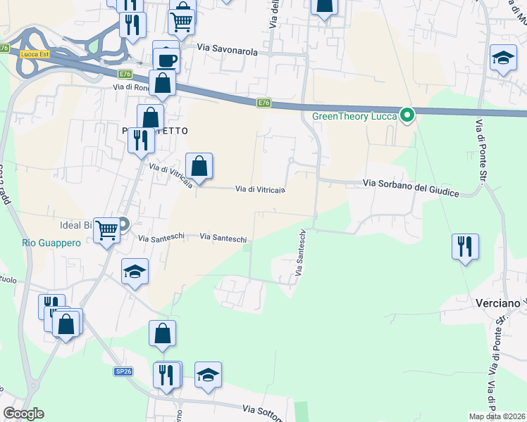 map of restaurants, bars, coffee shops, grocery stores, and more near 180A Via per Corte Ceccotti in Lucca