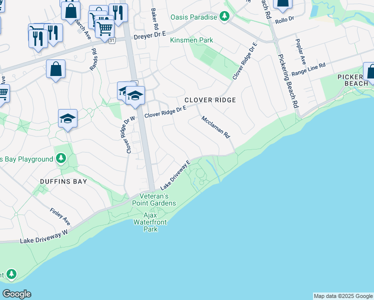 map of restaurants, bars, coffee shops, grocery stores, and more near 32 Cowling Crescent in Ajax