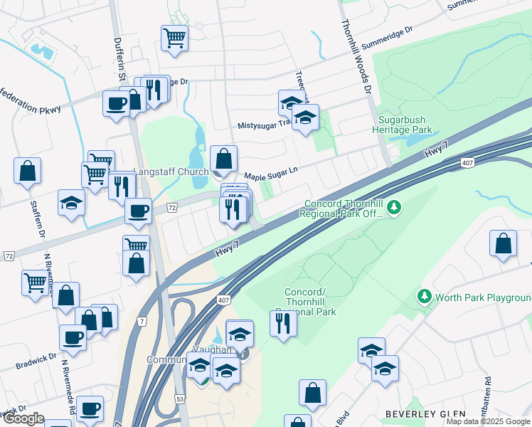 map of restaurants, bars, coffee shops, grocery stores, and more near in Vaughan