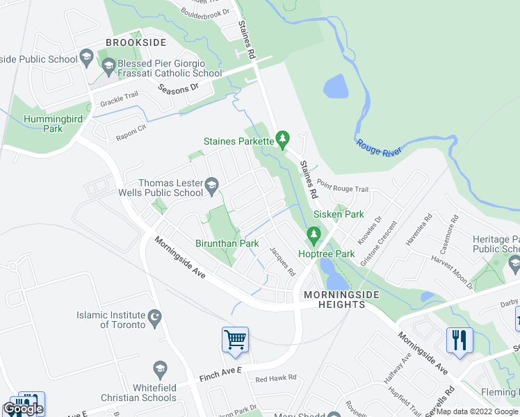 map of restaurants, bars, coffee shops, grocery stores, and more near 59 Dragonfly Crescent in Toronto