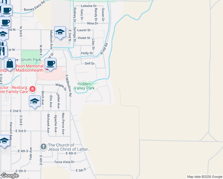map of restaurants, bars, coffee shops, grocery stores, and more near 95 South Hidden Valley Road in Rexburg