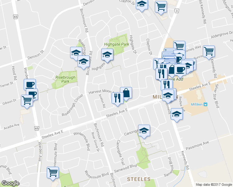 map of restaurants, bars, coffee shops, grocery stores, and more near 46 Harvest Moon Drive in Markham