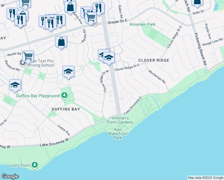 map of restaurants, bars, coffee shops, grocery stores, and more near in Ajax