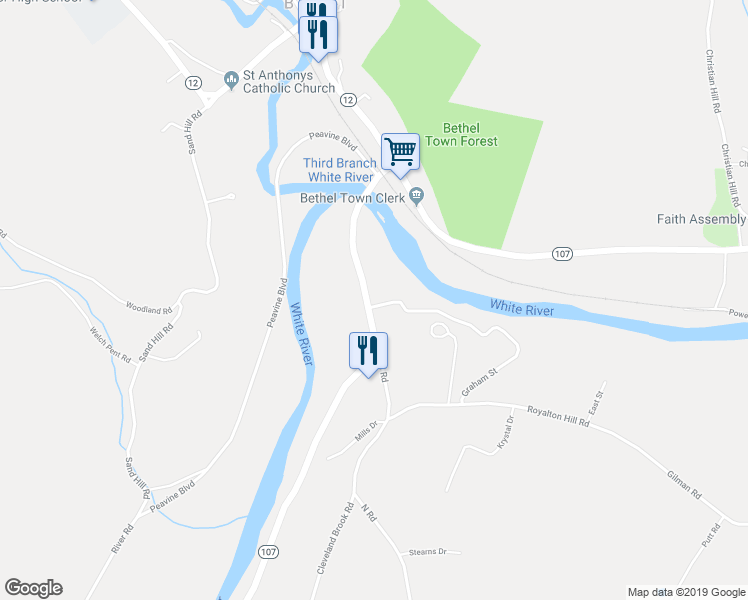 map of restaurants, bars, coffee shops, grocery stores, and more near 15 Graham Street in Bethel