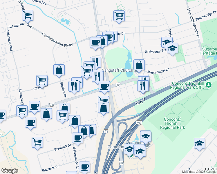 map of restaurants, bars, coffee shops, grocery stores, and more near Dufferin Street & Langstaff Road in Vaughan