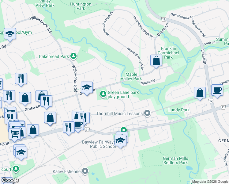 map of restaurants, bars, coffee shops, grocery stores, and more near 4 Saunders Lane in Markham
