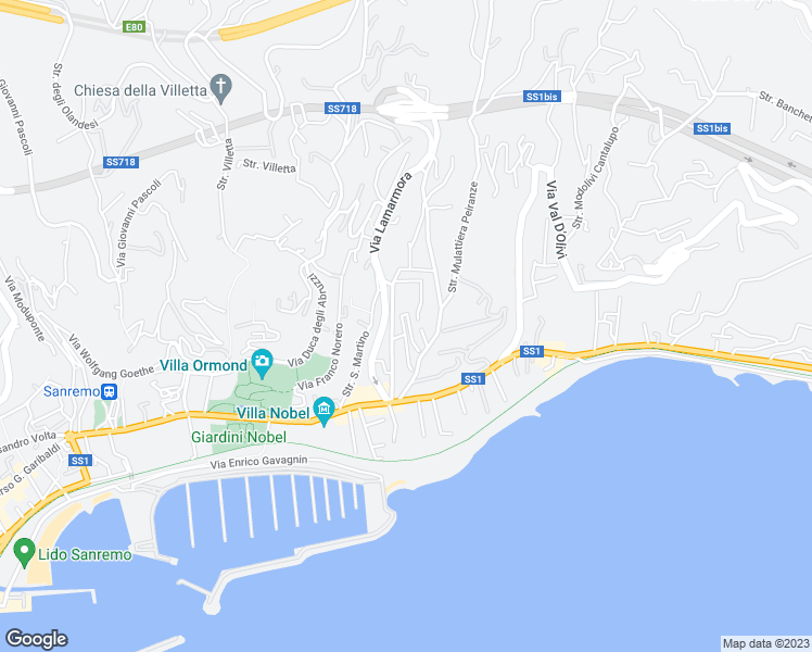map of restaurants, bars, coffee shops, grocery stores, and more near 221 Via Alfonso Lamarmora in Sanremo
