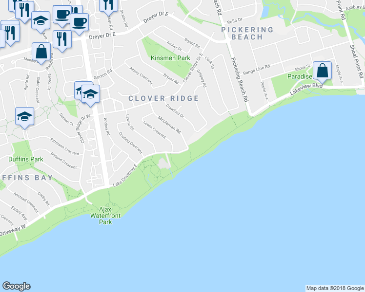 map of restaurants, bars, coffee shops, grocery stores, and more near 37 Mcclarnan Road in Ajax