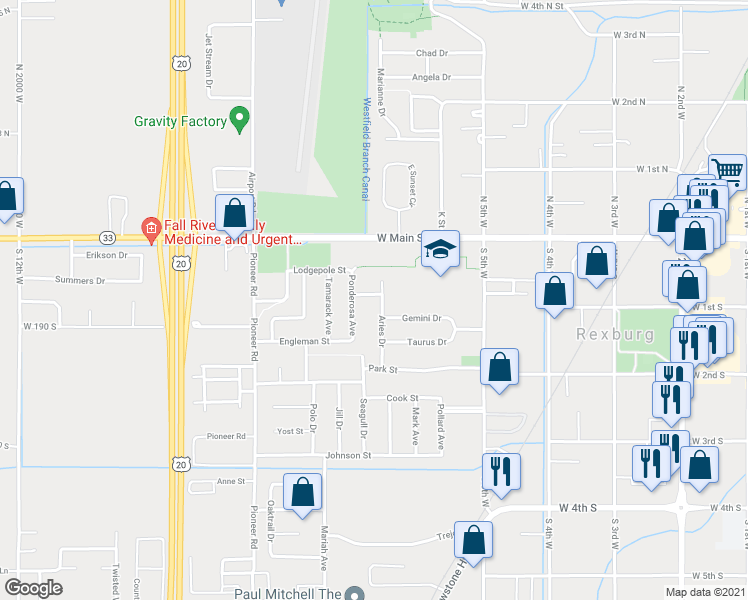 map of restaurants, bars, coffee shops, grocery stores, and more near 78 Aries Drive in Rexburg
