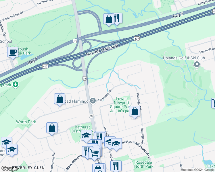 map of restaurants, bars, coffee shops, grocery stores, and more near 38 Wigston Place in Vaughan