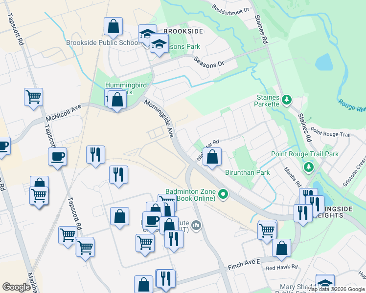 map of restaurants, bars, coffee shops, grocery stores, and more near 21 Polarlights Way in Toronto