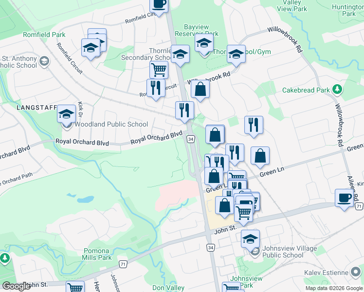map of restaurants, bars, coffee shops, grocery stores, and more near 397 Royal Orchard Boulevard in Markham