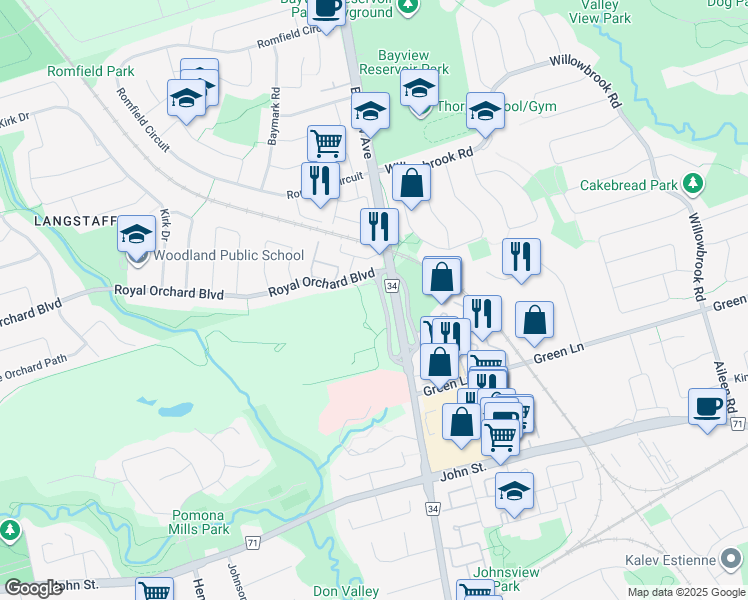 map of restaurants, bars, coffee shops, grocery stores, and more near 397 Royal Orchard Boulevard in Markham