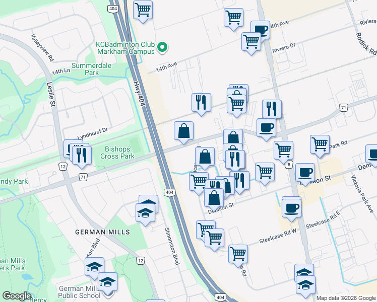 map of restaurants, bars, coffee shops, grocery stores, and more near 351 Steelcase Road West in Markham