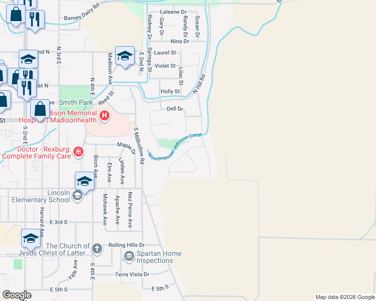 map of restaurants, bars, coffee shops, grocery stores, and more near 798 Centennial Loop in Rexburg
