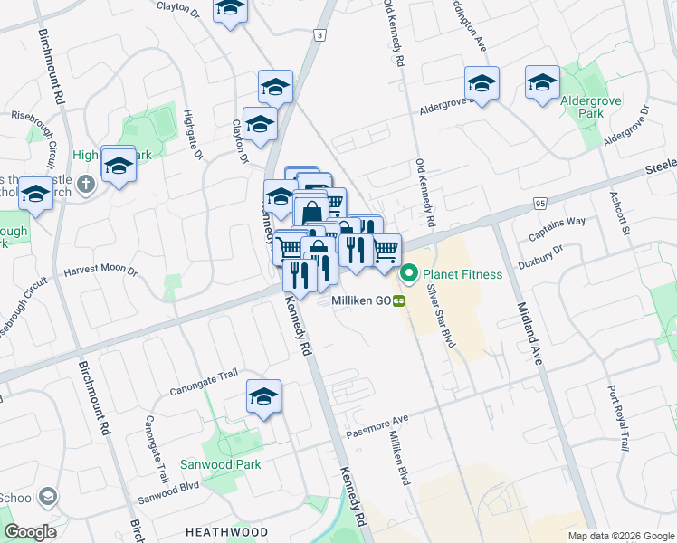 map of restaurants, bars, coffee shops, grocery stores, and more near 4631 Steeles Avenue East in Toronto