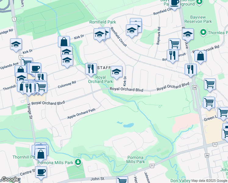 map of restaurants, bars, coffee shops, grocery stores, and more near 123 Royal Orchard Boulevard in Markham