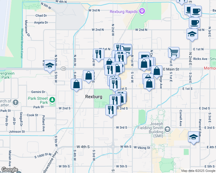 map of restaurants, bars, coffee shops, grocery stores, and more near 220 West 1st South in Rexburg