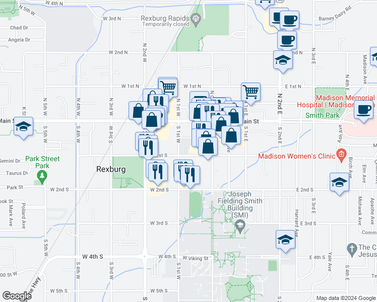 map of restaurants, bars, coffee shops, grocery stores, and more near 60 West 1st South in Rexburg