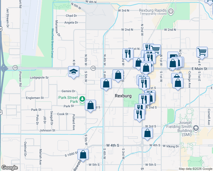 map of restaurants, bars, coffee shops, grocery stores, and more near 370 West 1st South in Rexburg