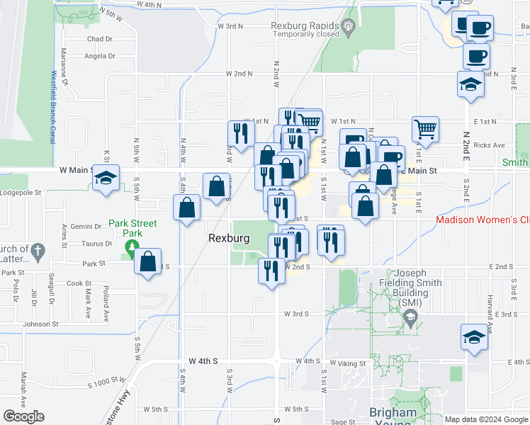 map of restaurants, bars, coffee shops, grocery stores, and more near 220 West 1st South in Rexburg