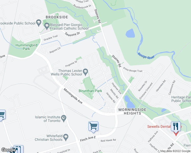map of restaurants, bars, coffee shops, grocery stores, and more near 18 Skipperhill Crescent in Toronto