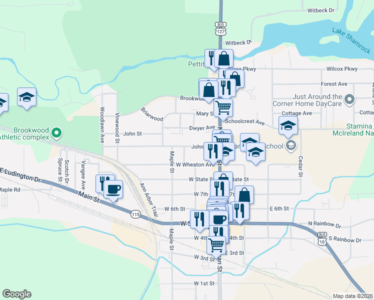 map of restaurants, bars, coffee shops, grocery stores, and more near 1004 Court Street in Clare