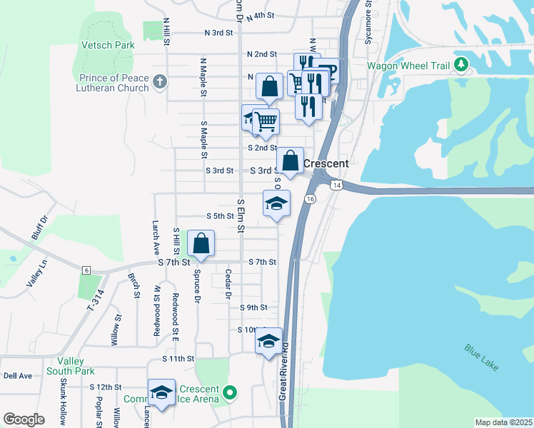 map of restaurants, bars, coffee shops, grocery stores, and more near 504 South Oak Street in La Crescent