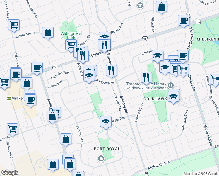 map of restaurants, bars, coffee shops, grocery stores, and more near in Toronto