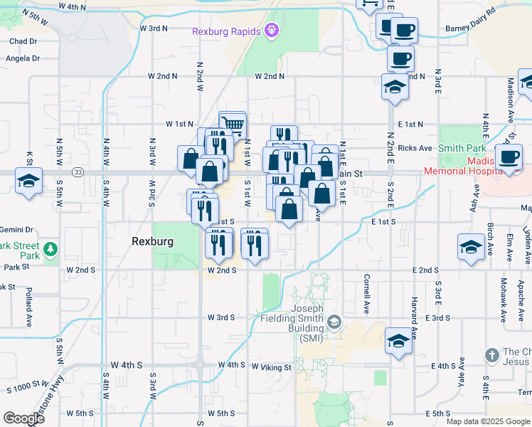 map of restaurants, bars, coffee shops, grocery stores, and more near 60 West 1st South in Rexburg