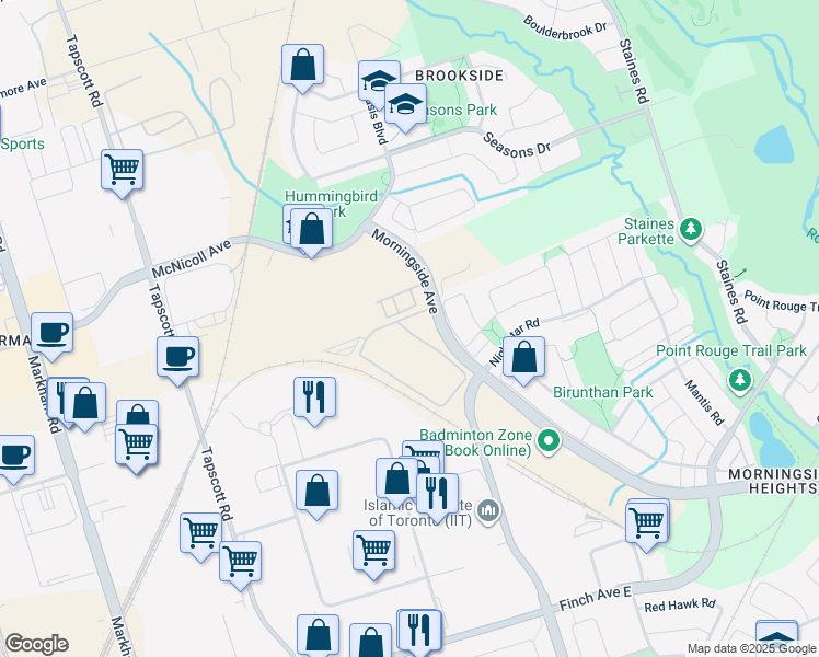 map of restaurants, bars, coffee shops, grocery stores, and more near 2750 Morningside Avenue in Toronto