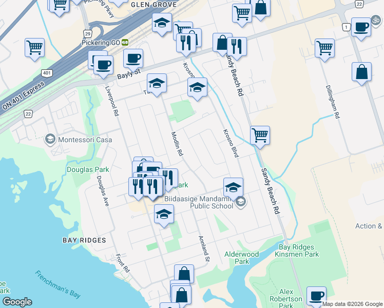 map of restaurants, bars, coffee shops, grocery stores, and more near 840 Bem Avenue in Pickering