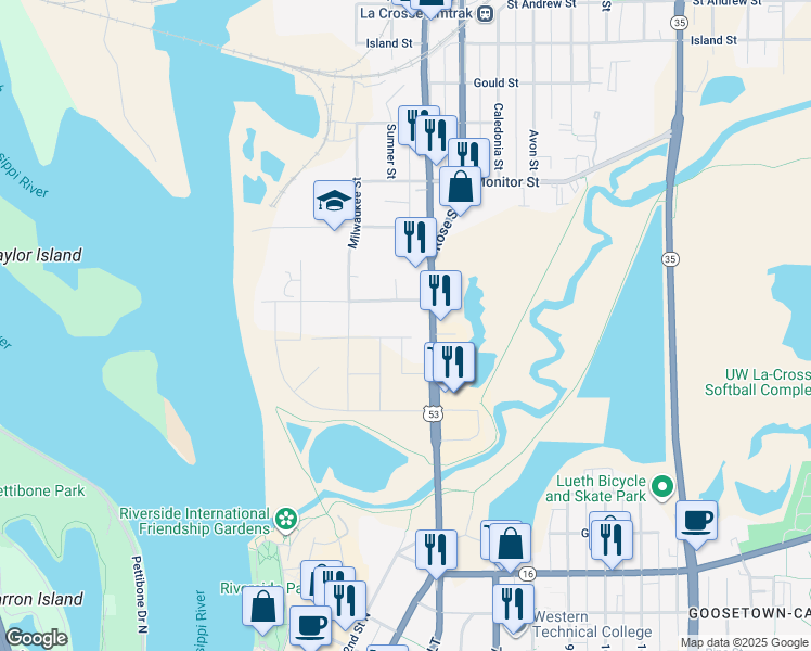 map of restaurants, bars, coffee shops, grocery stores, and more near 400 Causeway Boulevard in La Crosse