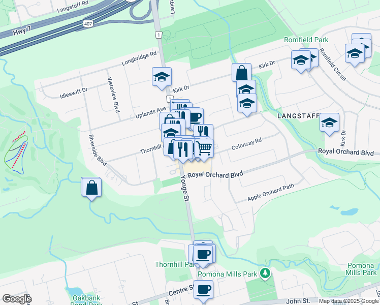 map of restaurants, bars, coffee shops, grocery stores, and more near 8111 Yonge Street in Markham