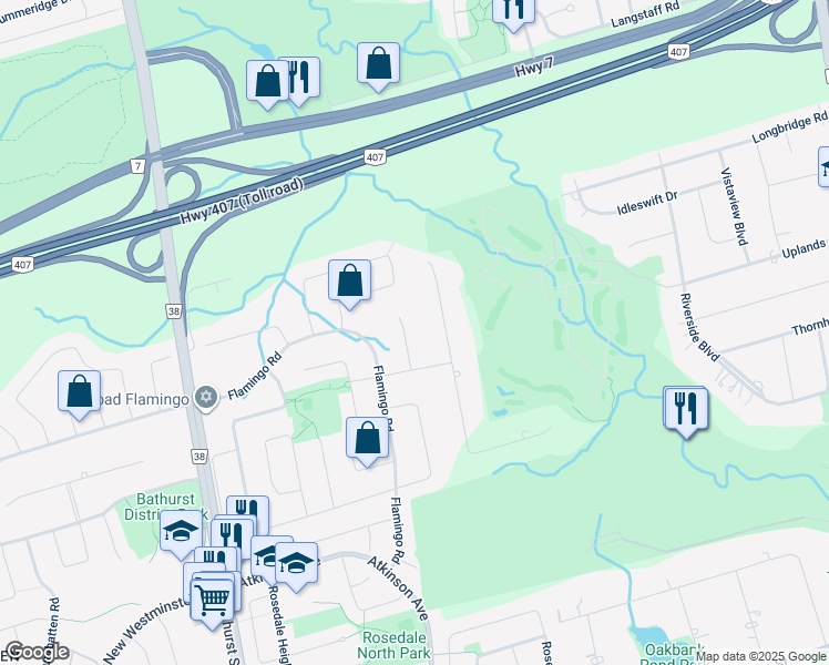 map of restaurants, bars, coffee shops, grocery stores, and more near 33 Evita Court in Vaughan