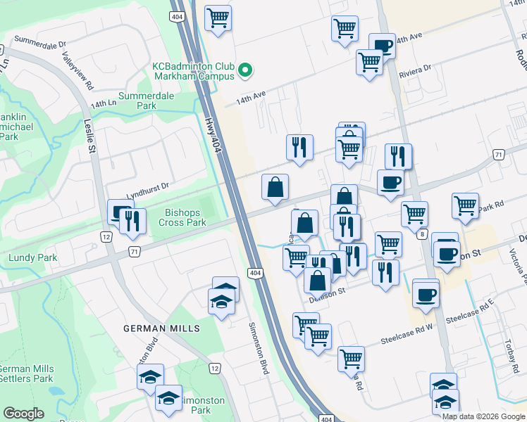 map of restaurants, bars, coffee shops, grocery stores, and more near 16 John Canning Way in Markham