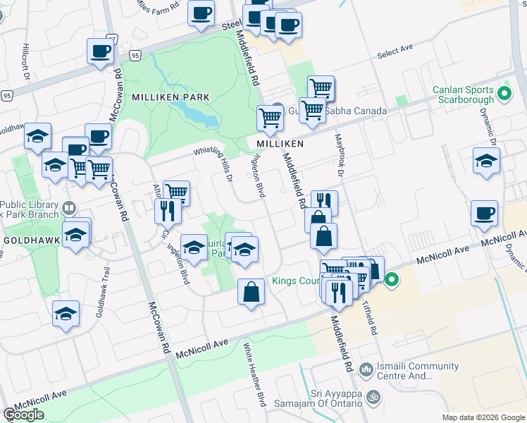 map of restaurants, bars, coffee shops, grocery stores, and more near 1 Muirlands Drive in Toronto