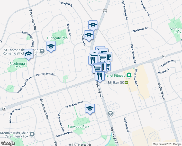 map of restaurants, bars, coffee shops, grocery stores, and more near in Markham