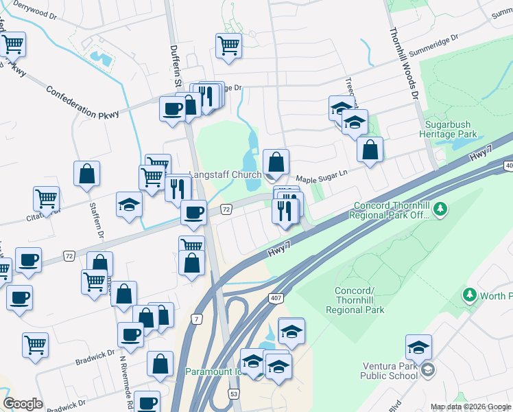 map of restaurants, bars, coffee shops, grocery stores, and more near 212 Yellowood Circle in Vaughan