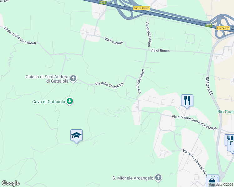 map of restaurants, bars, coffee shops, grocery stores, and more near 351 Via della Chiesa VII in Lucca