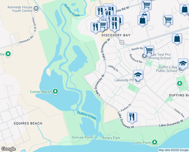map of restaurants, bars, coffee shops, grocery stores, and more near 195 Lake Driveway West in Ajax