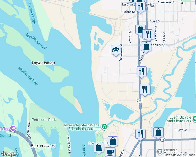 map of restaurants, bars, coffee shops, grocery stores, and more near 63 Kraft Street in La Crosse