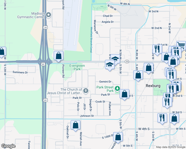 map of restaurants, bars, coffee shops, grocery stores, and more near 78-90 Aries Drive in Rexburg