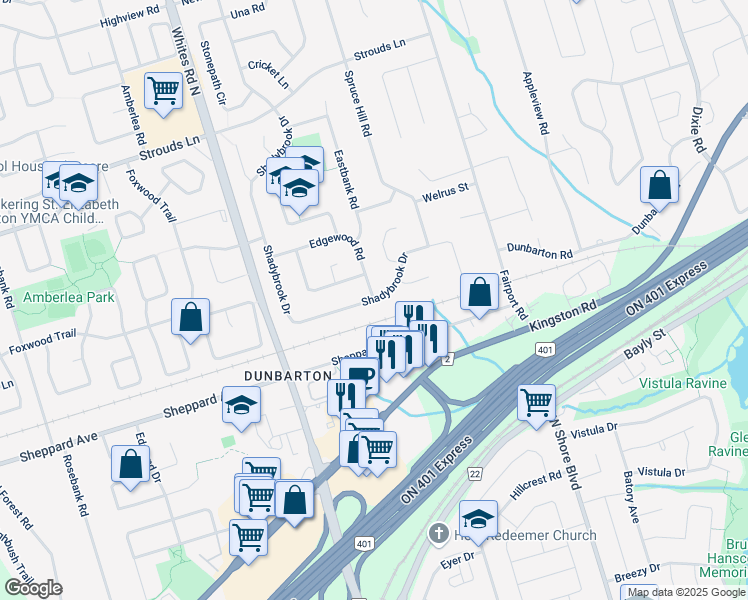 map of restaurants, bars, coffee shops, grocery stores, and more near Shadybrook Drive in Pickering