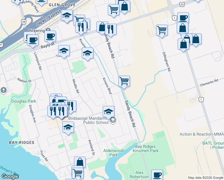 map of restaurants, bars, coffee shops, grocery stores, and more near in Pickering