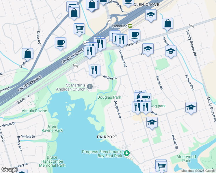 map of restaurants, bars, coffee shops, grocery stores, and more near 1235 Radom Street in Pickering