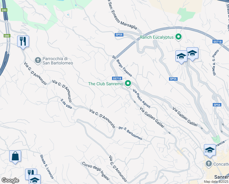 map of restaurants, bars, coffee shops, grocery stores, and more near Via Borgo Ponente in Sanremo