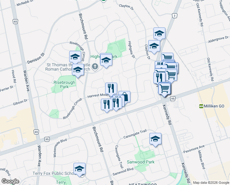 map of restaurants, bars, coffee shops, grocery stores, and more near 7 Downside Road in Markham
