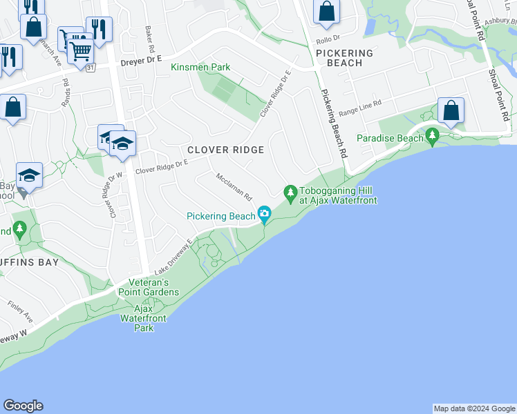 map of restaurants, bars, coffee shops, grocery stores, and more near 37 Mcclarnan Road in Ajax